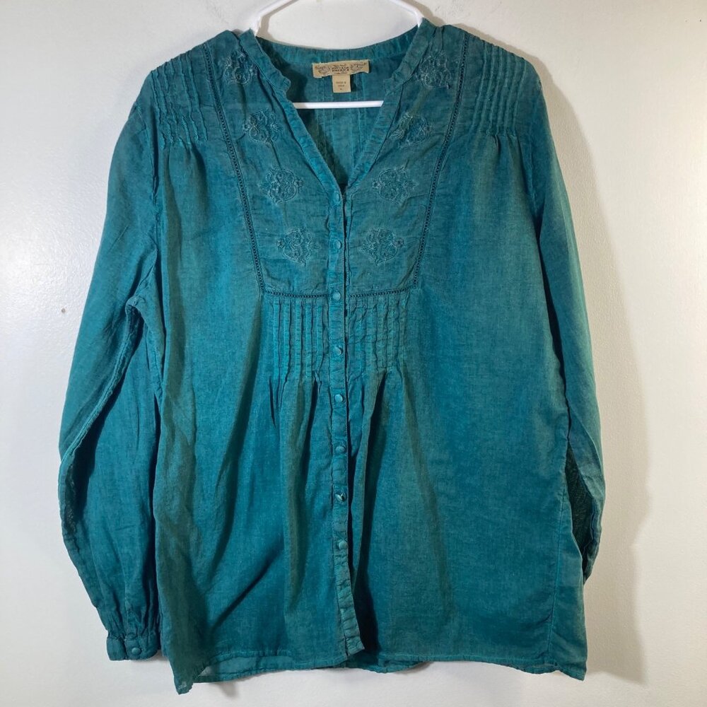 Womens Nine West Vintage America Button Prairie Shirt V Neck Embroidered L